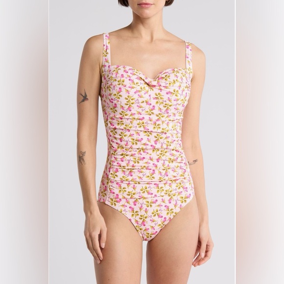$128 Betsey Johnson Bandeau Pink Floral One Piece Swimsuit - Picture 2 of 9